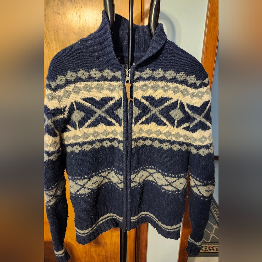 L.O.G.G. Blue/Grey/White Knitted Wool Zips up Front Collar Sweater Jacket Size L